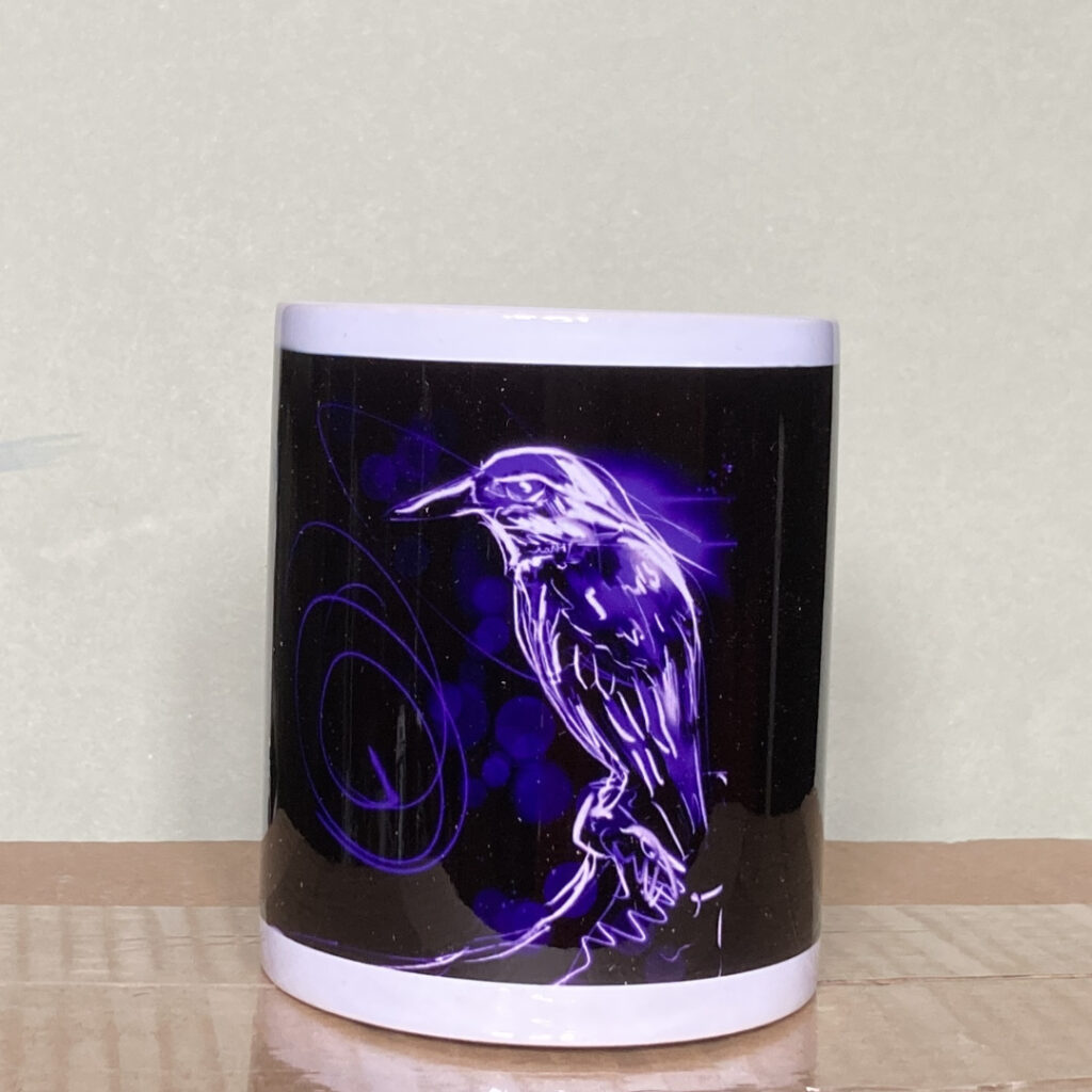 Purple neon king fisher front ceramic mug 3